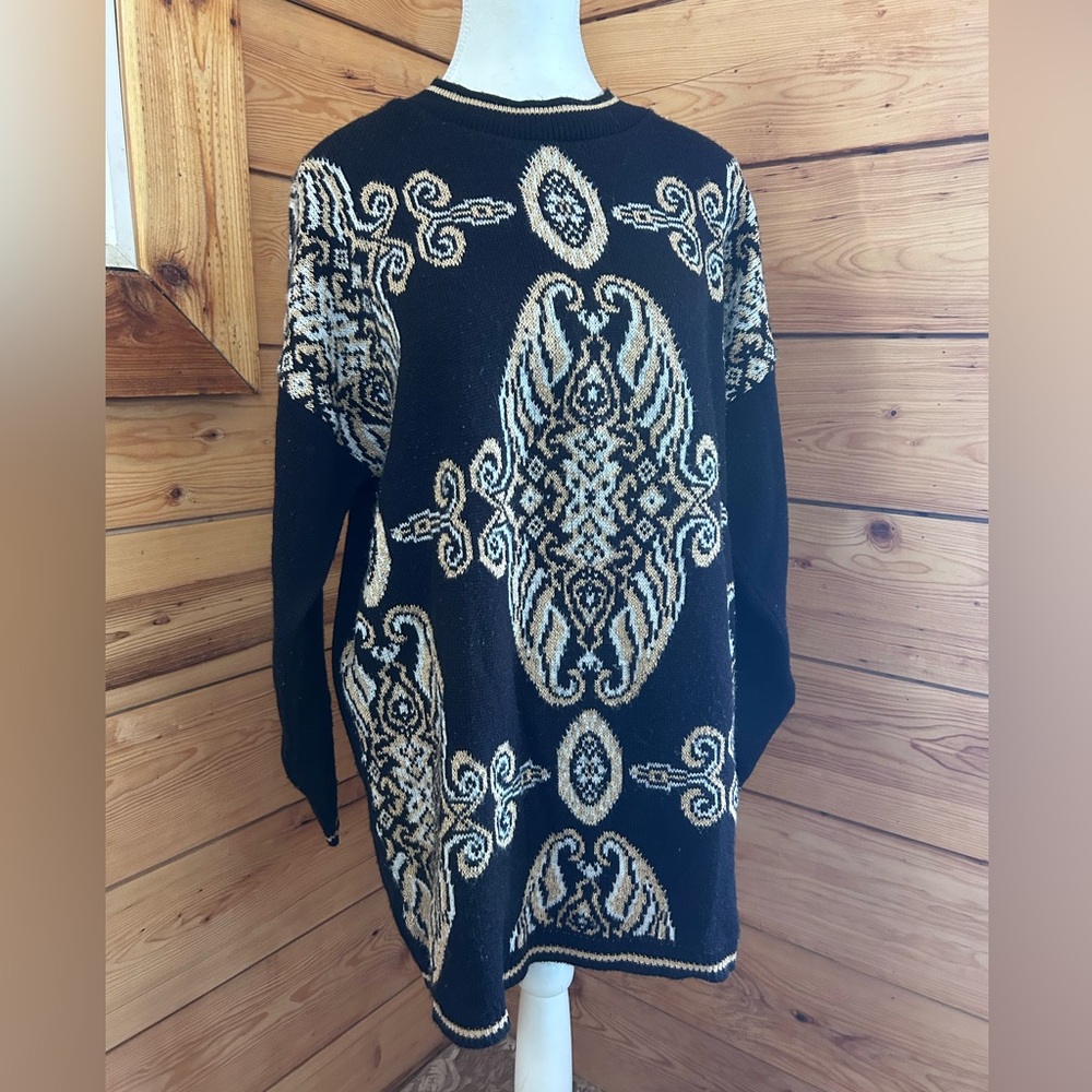 Vintage‎ Jessica Black & Gold Shimmer Knitwear Sweater Granny Coastal Mobwife XL